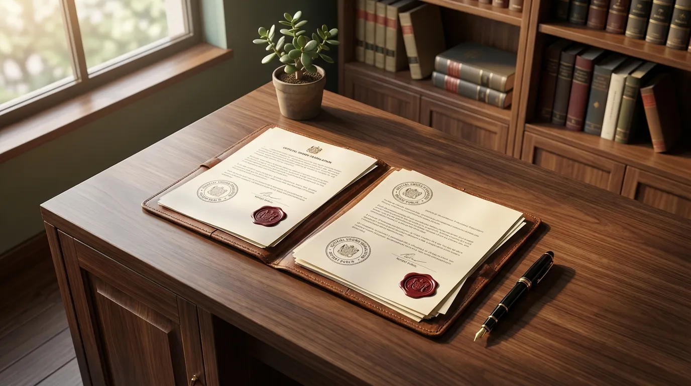 Official documents and a fountain pen on a desk