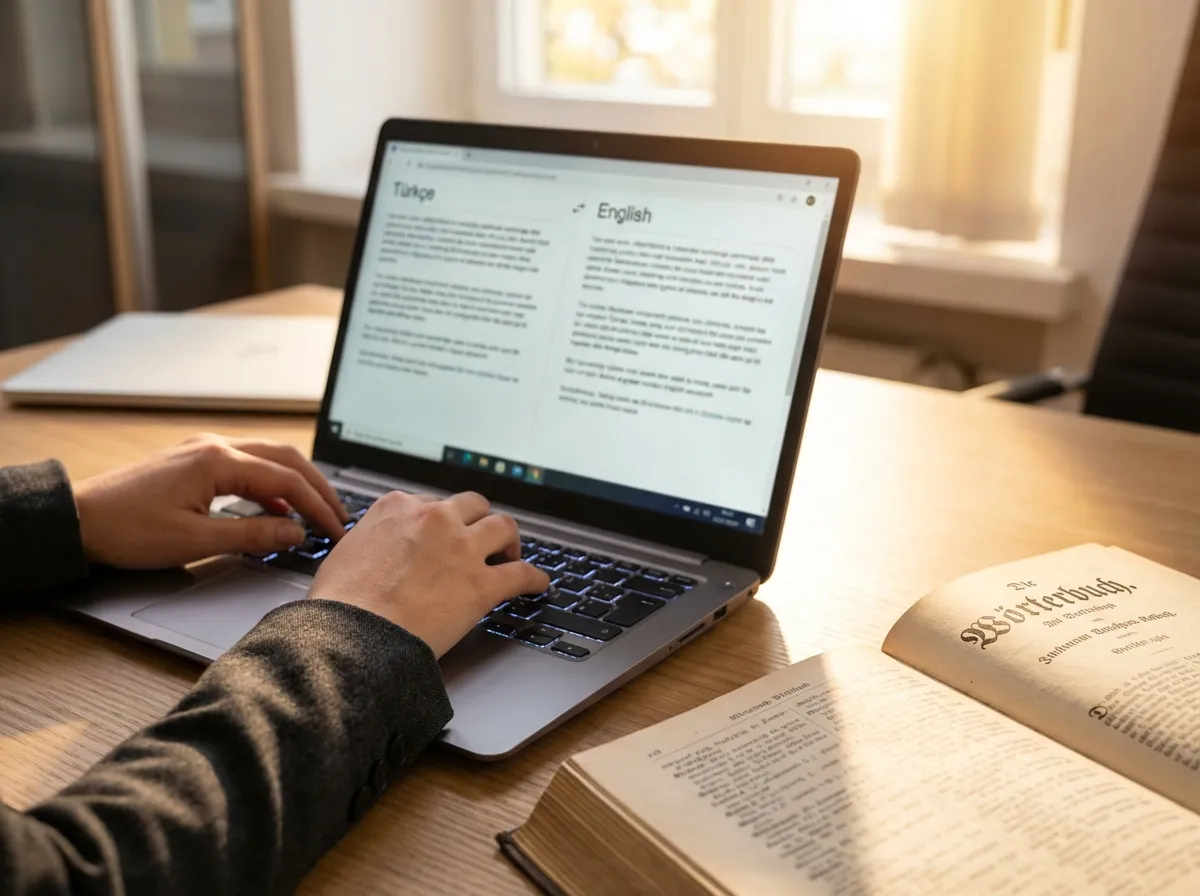 Professional translator working with translation software on a computer