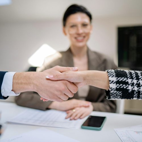 Professional handshake sealing a business deal with colleagues observing.